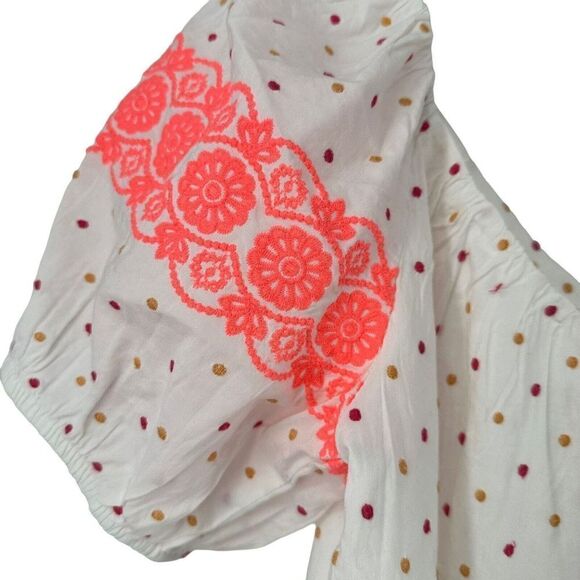 LOFT Puff Sleeve Dot Embroidered Tiered Swing Dress Size XS White Pink Boho Prep - Picture 3 of 8